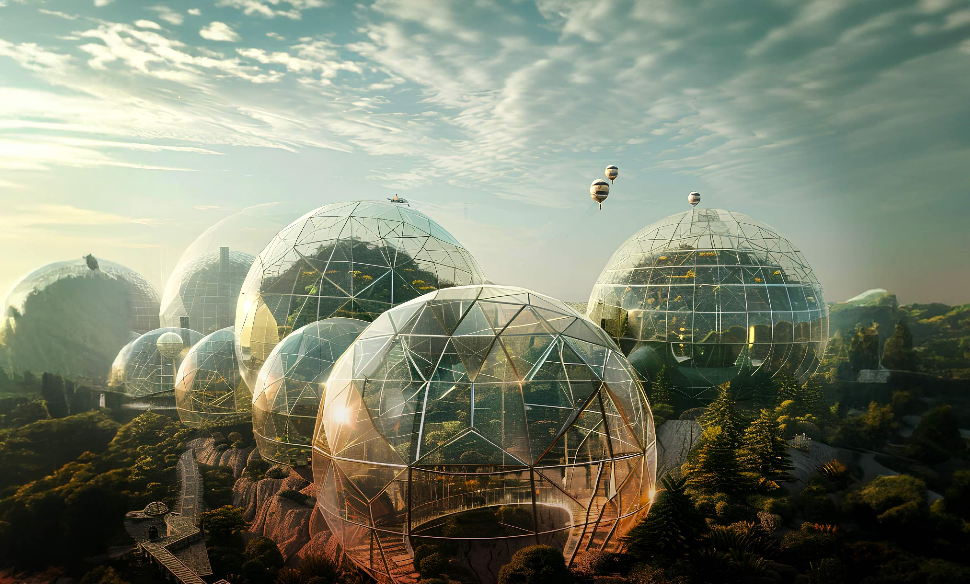 Image of futuristic geodesic observatory domes during the evening.